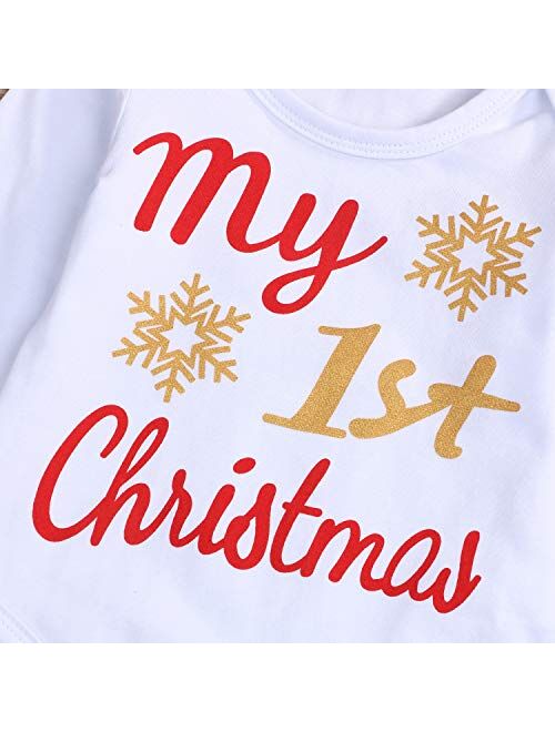 Grnshts My First Christmas Clothes Baby Girls My 1st Christmas Romper Top+Dot Tutu Skirt+Leg Warmers+Headband 4Pcs Outfit Set