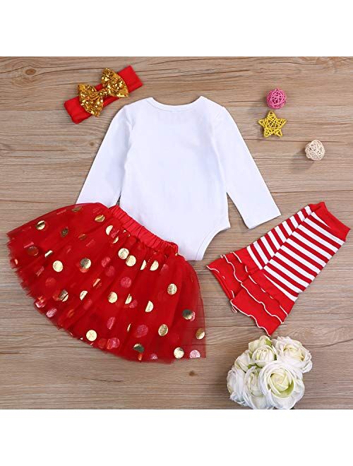 Grnshts My First Christmas Clothes Baby Girls My 1st Christmas Romper Top+Dot Tutu Skirt+Leg Warmers+Headband 4Pcs Outfit Set