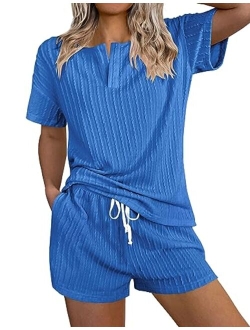 Womens 2 Piece Lounge Sets Ribbed Knit Pajama Tops Sleepwear Sweatsuits Matching Shorts with Pockets