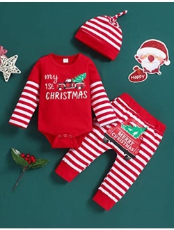 bilison My 1st Christmas Outfit Newborn Baby Boy Long Sleeve Romper Striped Pants with Hat Christmas Clothes Sets