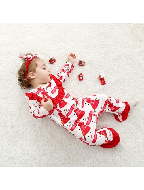 YOUNGER TREE Newborn Baby Girl Christmas Romper Long Sleeve Santa Snowman Printed One Piece Jumpsuit Headband Outfits Clothes