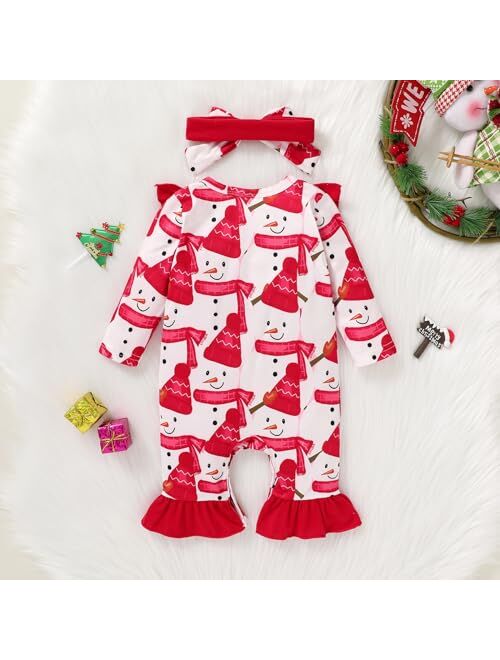 YOUNGER TREE Newborn Baby Girl Christmas Romper Long Sleeve Santa Snowman Printed One Piece Jumpsuit Headband Outfits Clothes