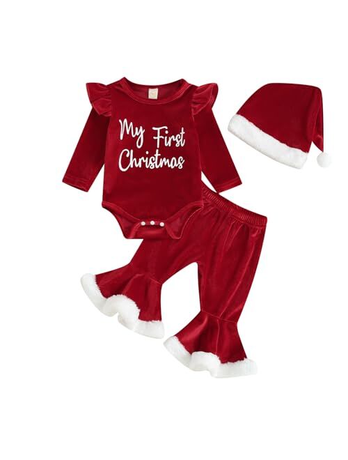 Kaipiclos Newborn Baby Girl Christmas Outfit Long Sleeve Romper Flared Pants Set Infant Girl 3PC Fall Winter Clothes