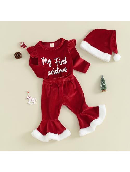Kaipiclos Newborn Baby Girl Christmas Outfit Long Sleeve Romper Flared Pants Set Infant Girl 3PC Fall Winter Clothes
