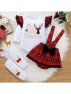AMAWMW My First Christmas Baby Girl Outfit Newborn 1st Christmas Clothes Xmas Reindeer Romper Buffalo Plaid Suspender Skirt