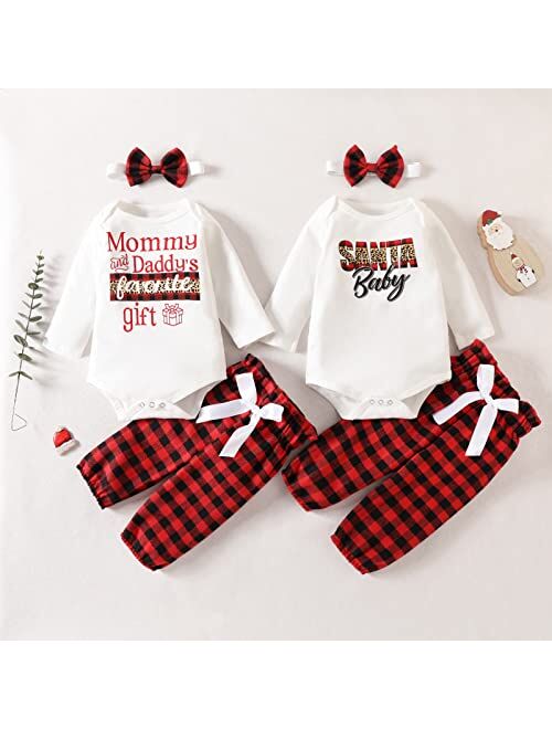 Noubeau Newborn Christmas Outfits Santa Baby Long Sleeve Romper +Bowknot Red Plaids Pants Pajamas Headband Set