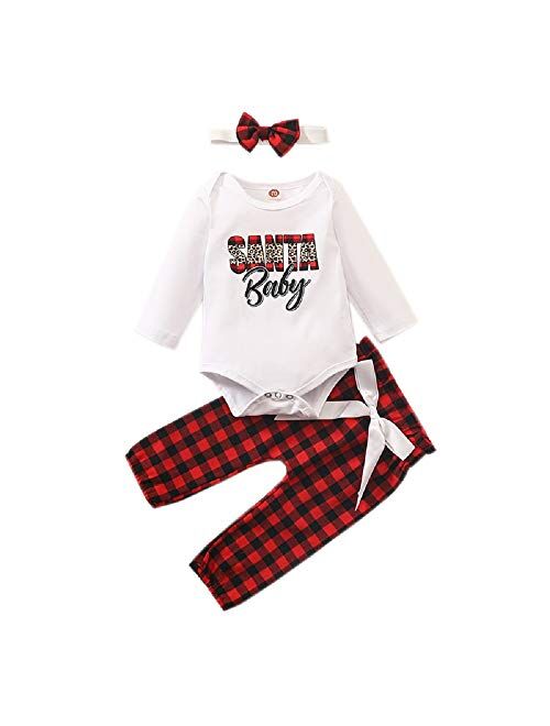 Noubeau Newborn Christmas Outfits Santa Baby Long Sleeve Romper +Bowknot Red Plaids Pants Pajamas Headband Set