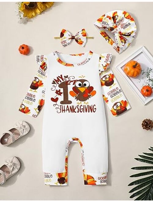 AGAPENG Baby Girl Thanksgiving Outfit My First Thanksgiving Turkey Romper Ruffle Sleeve Jumpsuit with Headband 3Pcs