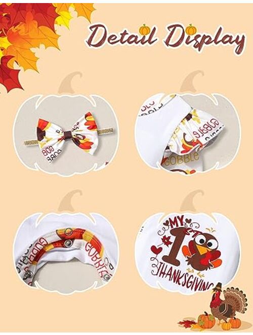 AGAPENG Baby Girl Thanksgiving Outfit My First Thanksgiving Turkey Romper Ruffle Sleeve Jumpsuit with Headband 3Pcs