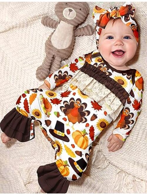 WIQI My First Thanksgiving Baby Girl Outfit 0-12 Months Floral Ruffle Long Sleeve Jumpsuit Romper + Headband 2Pcs
