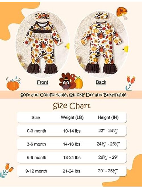 WIQI My First Thanksgiving Baby Girl Outfit 0-12 Months Floral Ruffle Long Sleeve Jumpsuit Romper + Headband 2Pcs