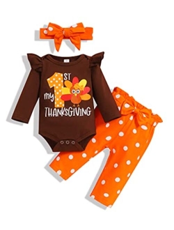 Tuemos Thanksgiving Outfits Baby Girl My First Thanksgiving Romper+Polka Dot Pant+Headband Baby Girl Thanksgiving Clothes Set