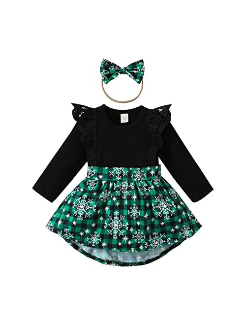 Guodeunh 1st Christmas Outfit Newborn Baby Girl Flutter Lace Long Sleeve Top Floral Skirt Bodysuit Xmas Dress Headband