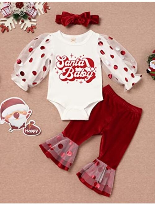 Okgirl My First Christmas Outfits Newborn Baby Girl Clothes Ruffle Sleeve Tops+Santa Pants with Headband Clothing Set