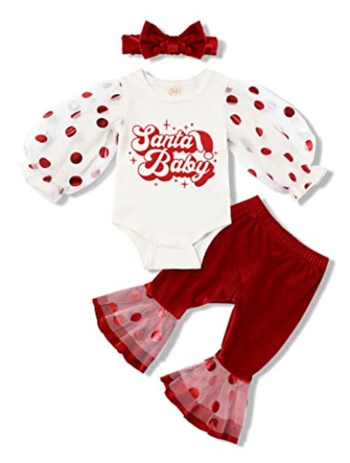 Okgirl My First Christmas Outfits Newborn Baby Girl Clothes Ruffle Sleeve Tops+Santa Pants with Headband Clothing Set
