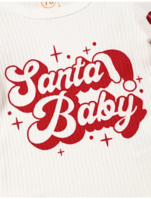 Okgirl My First Christmas Outfits Newborn Baby Girl Clothes Ruffle Sleeve Tops+Santa Pants with Headband Clothing Set