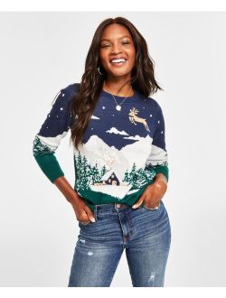 Holiday Lane Women's Snowy Landscape Crewneck Sweater, Created for Macy's