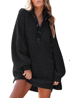 BLENCOT Women Long Sleeve Button V Neck Oversized Sweater Dress Casual Loose Trendy Pullover Knit Sweaters with Pockets