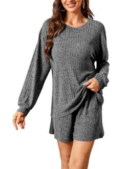 LUXFFY Pajamas Set for Women Lounge Sets Long Sleeve Top and Shorts 2 Piece Outfits Sweatsuit Sets with Pockets