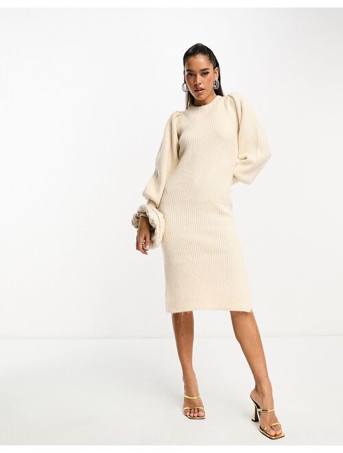 French Connection puff sleeve knit midi dress in oatmeal