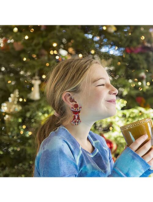 ELEARD Christmas Beaded Earrings for Women Holiday Reindeer Jingling Bell Handmade Drop Dangle Earrings Christmas Jewelry Gift
