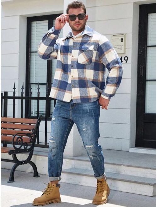 Shein Manfinity Homme Men Plus Plaid Print Flap Pocket Shacket