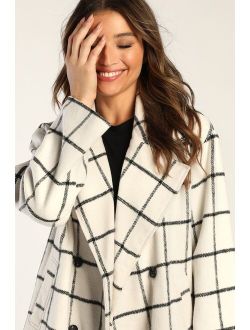 Snowy Streets Ivory Grid Print Double Breasted Coat