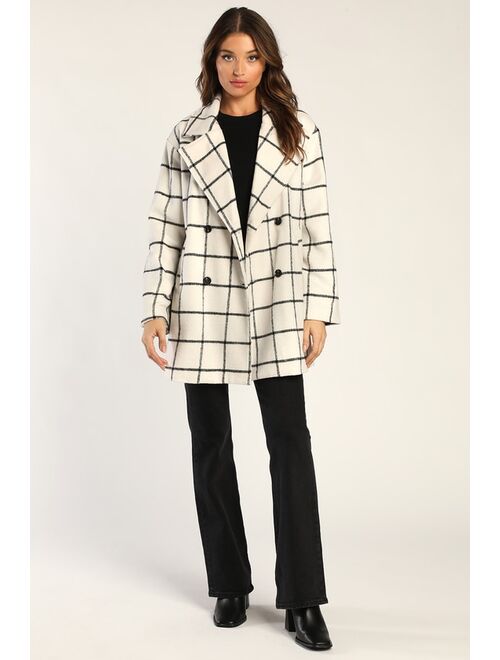 Lulus Snowy Streets Ivory Grid Print Double Breasted Coat