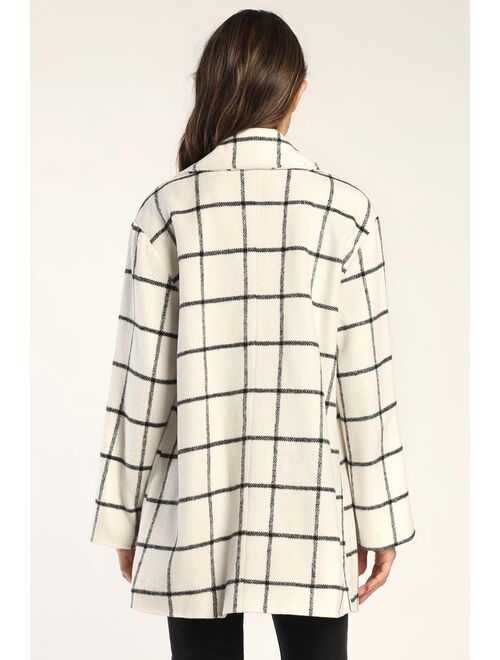 Lulus Snowy Streets Ivory Grid Print Double Breasted Coat