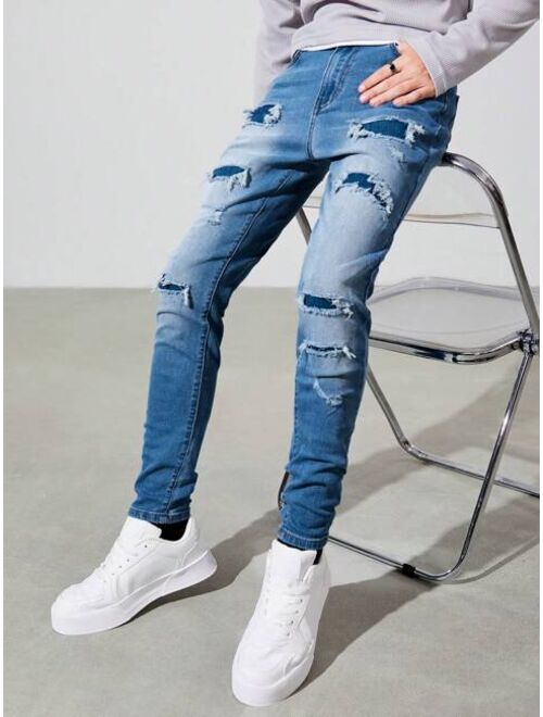 SHEIN Teen Boy Ripped Frayed Bleach Wash Skinny Jeans