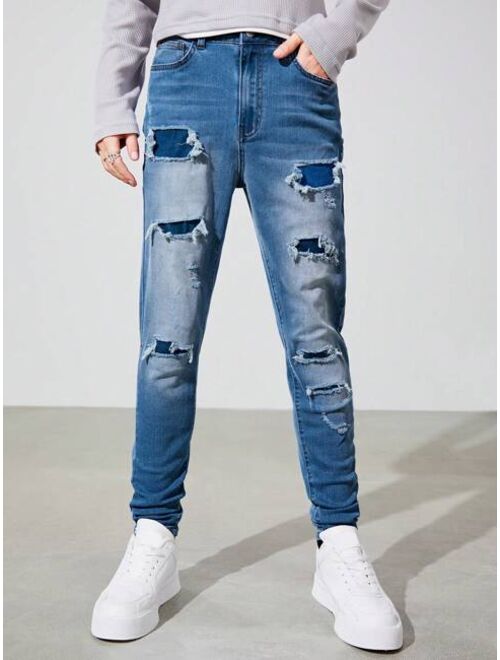 SHEIN Teen Boy Ripped Frayed Bleach Wash Skinny Jeans