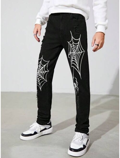 SHEIN Teen Boy Spider Web Print Straight Leg Jeans