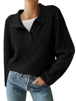 Women's Long Sleeve Button V Neck Collar Sweater 2023 Fall Casual Chunky Knit Pullover Tops