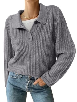 Women's Long Sleeve Button V Neck Collar Sweater 2023 Fall Casual Chunky Knit Pullover Tops