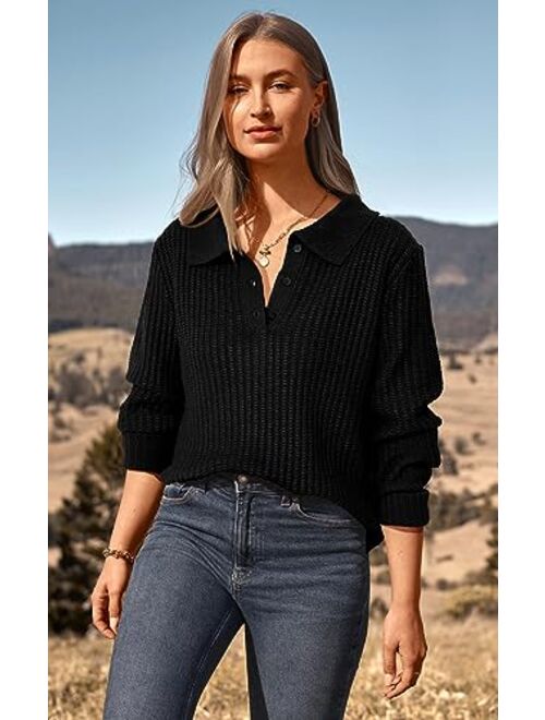 PRETTYGARDEN Women's Long Sleeve Button V Neck Collar Sweater 2023 Fall Casual Chunky Knit Pullover Tops