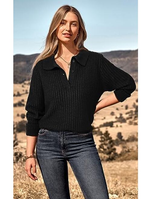 PRETTYGARDEN Women's Long Sleeve Button V Neck Collar Sweater 2023 Fall Casual Chunky Knit Pullover Tops