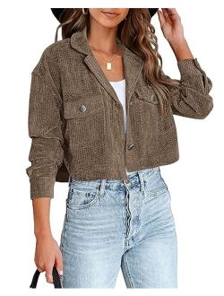 BTFBM Women's Corduroy Cropped Jacket 2023 Winter Fall Lapel Button Down Casual Short Shacket Jackets Coats with Pockets