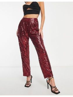 sequin slouchy pants in ruby