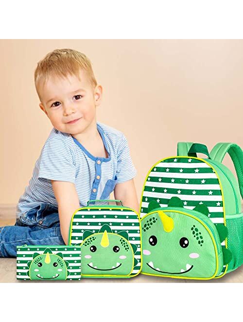 FTJCF 3PCS Toddler Backpack for Boys, 12" Dinosaur Kindergarten Bookbag, Preschool Kids School Bag with Lunch Box - Green