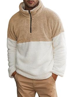 JMIERR Mens Fuzzy Sherpa Sweatshirt Fashion Long Sleeve Colorblock 1/4 Zip Stand Collar Pullover Sweatshirts with Pockets