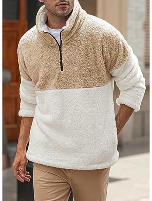 JMIERR Mens Fuzzy Sherpa Sweatshirt Fashion Long Sleeve Colorblock 1/4 Zip Stand Collar Pullover Sweatshirts with Pockets