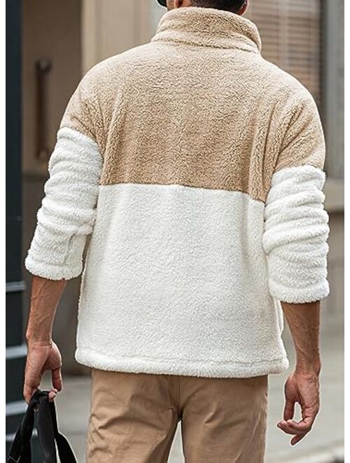 JMIERR Mens Fuzzy Sherpa Sweatshirt Fashion Long Sleeve Colorblock 1/4 Zip Stand Collar Pullover Sweatshirts with Pockets