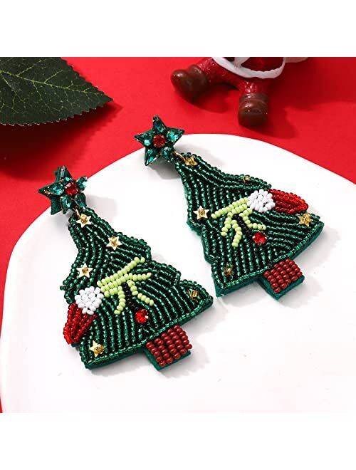 NLCAC Christmas Earrings Beaded Christmas Tree Lama Snowman Dangle Earrings Statement Beaded Drop Earrings Festive Holiday Party Gift