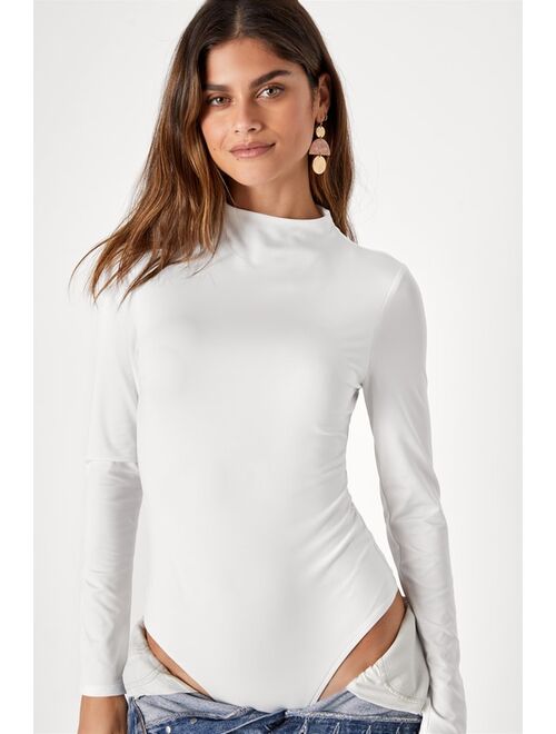 Lulus Sleek Style White Funnel Neck Long Sleeve Bodysuit