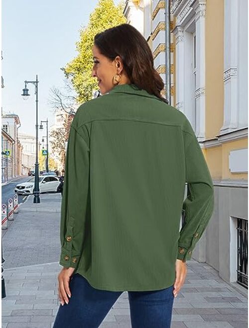 TACVASEN Women's Corduroy Button Down Shacket Long Sleeve Shirt Jacket Casual Jacket Chest Pocket Shirts Loose Fit Coat