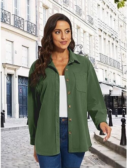 TACVASEN Women's Corduroy Button Down Shacket Long Sleeve Shirt Jacket Casual Jacket Chest Pocket Shirts Loose Fit Coat