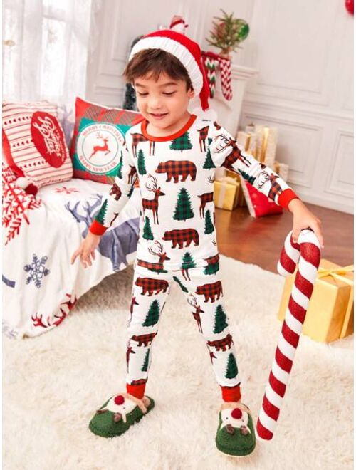 Shein Young Boy 1set Tree and Animal Print PJ Set for Christmas