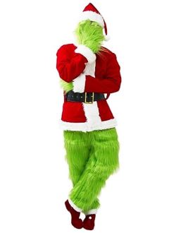 Earado Christmas Green Big Monster Santa Costume for Men 7 PCS Deluxe Furry Adult Suit Xmas Holiday Outfit Set Include Mask
