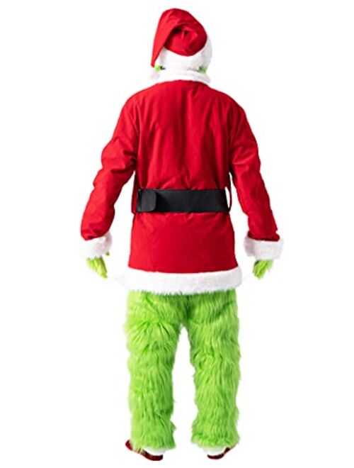 Earado Christmas Green Big Monster Santa Costume for Men 7 PCS Deluxe Furry Adult Suit Xmas Holiday Outfit Set Include Mask