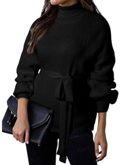Women's Turtleneck Sweaters Long Sleeve Belted Waist Knitted Pullover Top